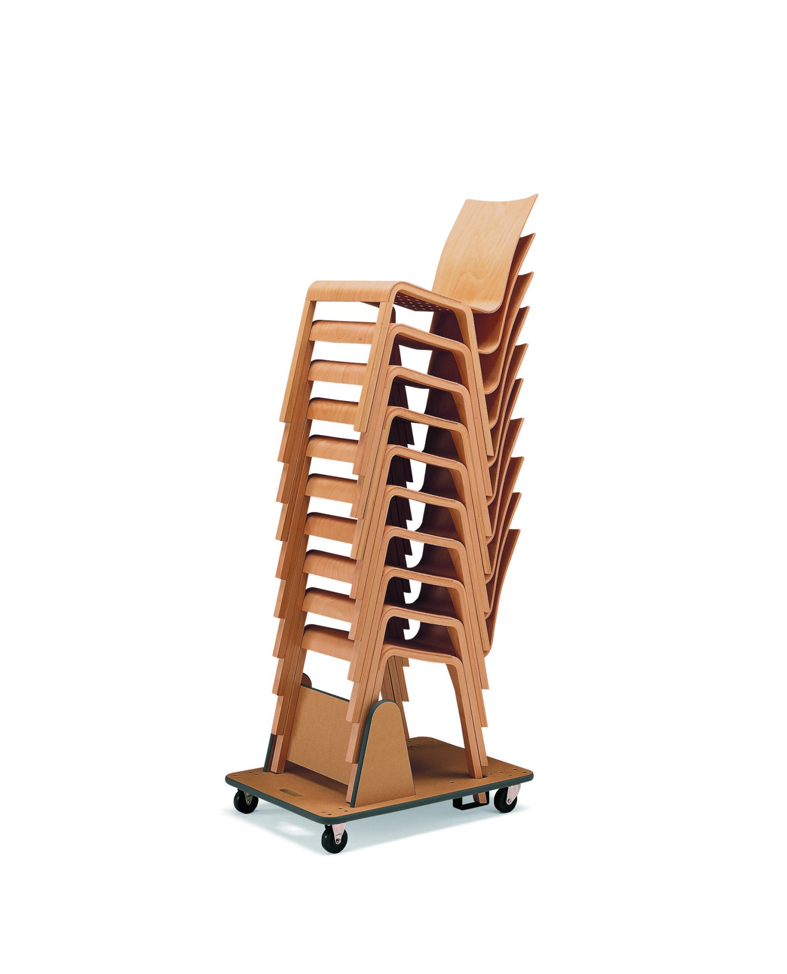 Our stackable chairs are stacked on the trolley, up to 10 pieces.