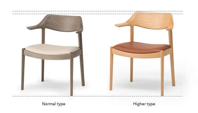 Two dining chairs are aligned: standard and higher type.