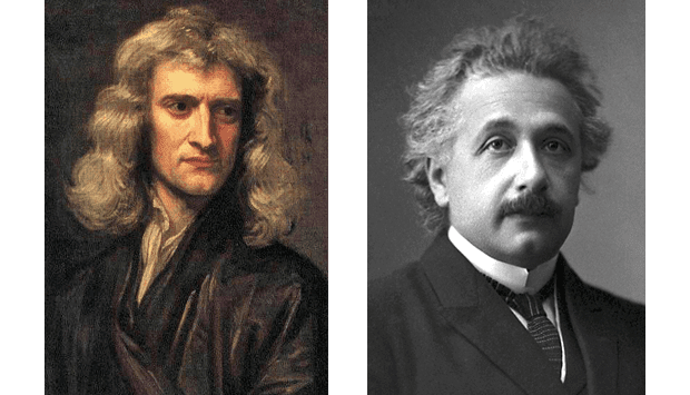 The portrait of Newton and Einstein. The former is a paint; the latter is a black-and-white photo.