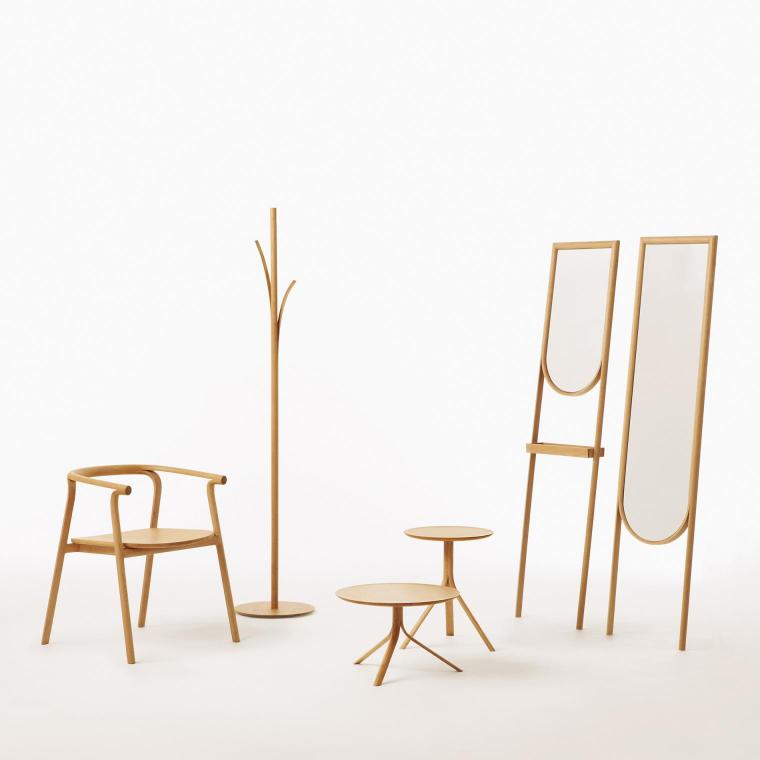 Some of our wooden products: a chair, coat hanger, tables, and mirrors.