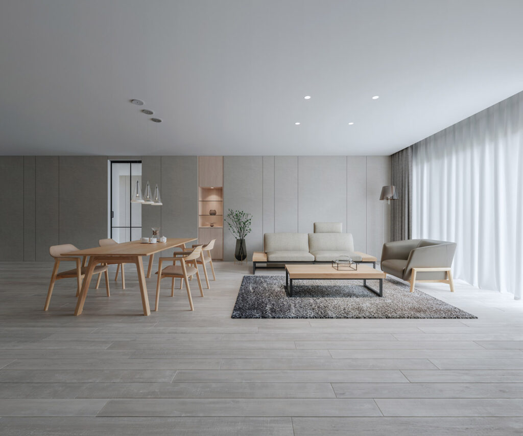 A CG of a room: gray walls and floor, a dinning table, four dining chairs, a two-seater sofa, etc.