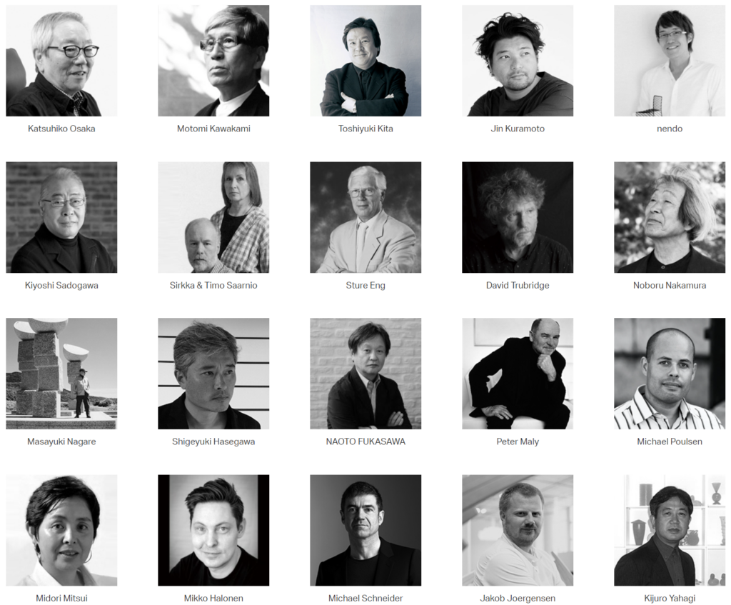 Black and white photographs of furniture designers. They are diverse in nationality.