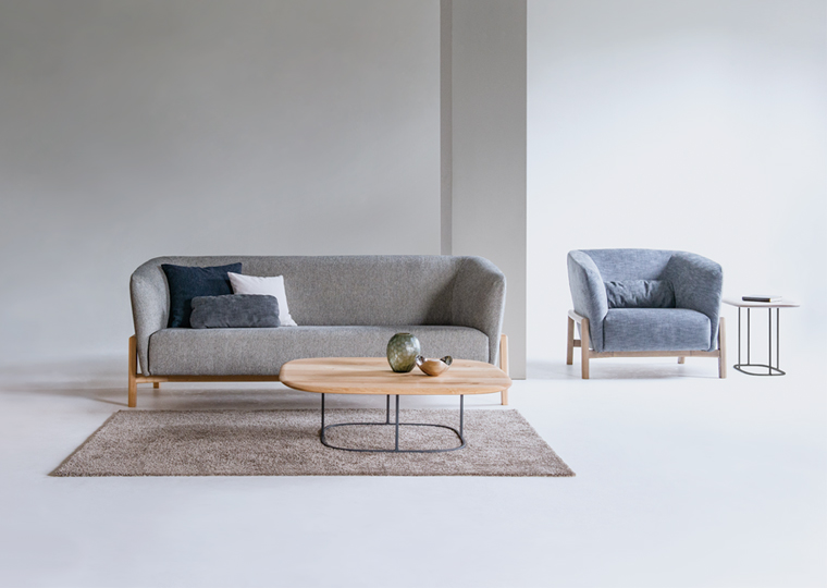 There are two sofas: a long gray sofa with a coffee table; a grayish blue one-seater with a side table.