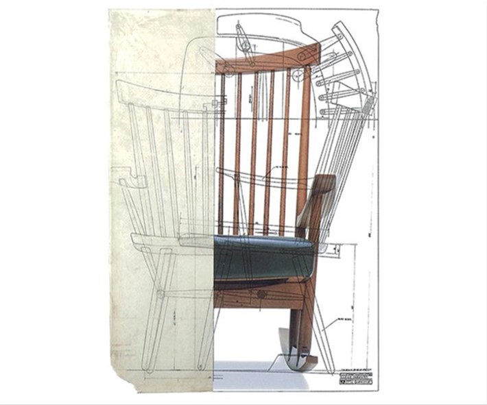 The combination of some drawings and a real image of a wooden chair