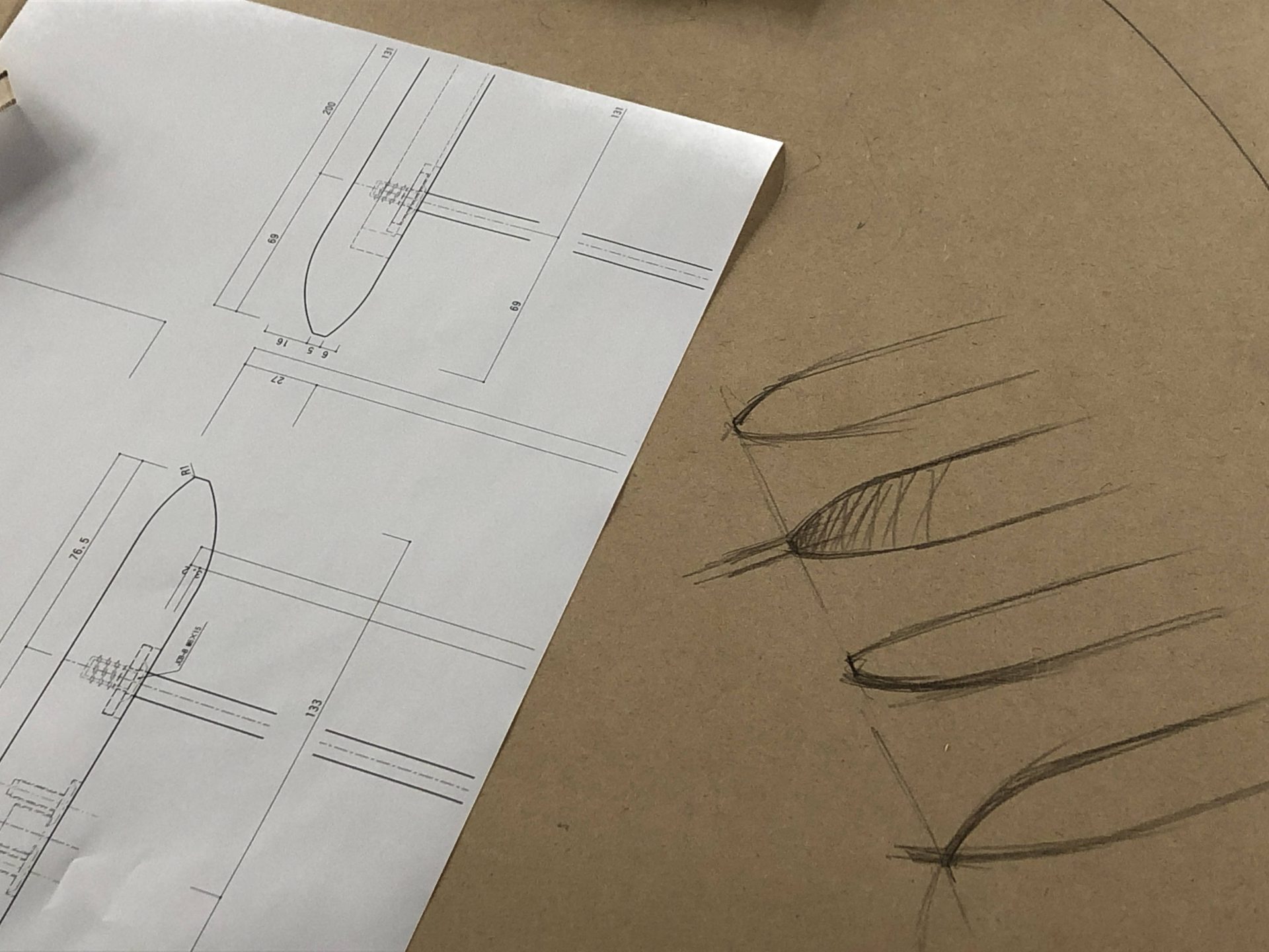 The drawing on the prototype, and some sketches written on the prototype.