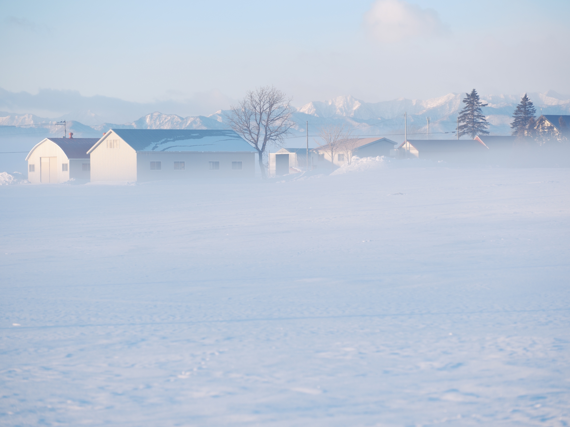 Some buildings in the middle of a snow field, which is rearely seen by snow storm
