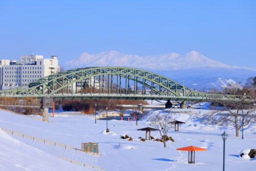 Asahi-bashi bridge in winter, it's the icon of Asahikawa city.