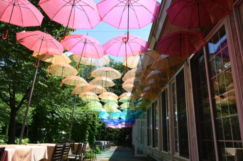 A terrace of a cafe with many colorful umbrellas overhead