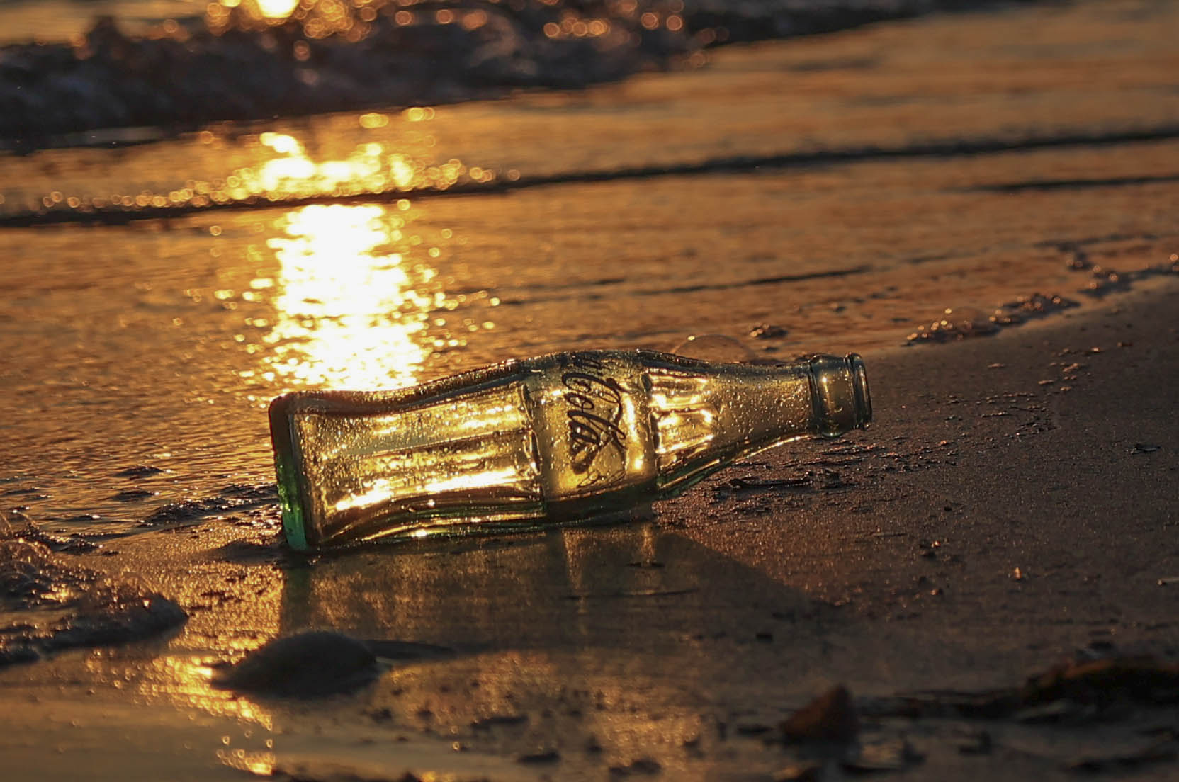 A Coca-Cola empty bottle washed up on the beach