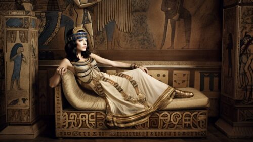 A paint depicting Cleopatra sitting sideway on a bench