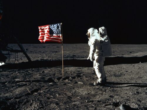 Buzz Aldrin standing on the Moon