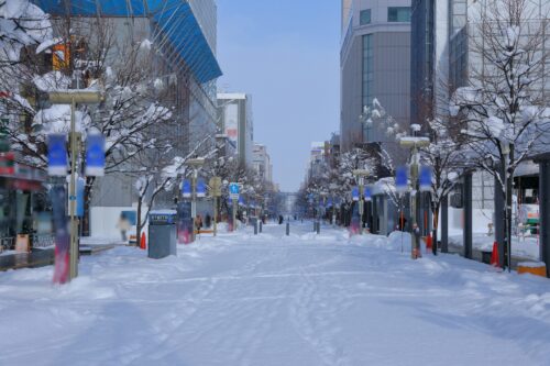 The main street just in front of Asahikawa central station in winter