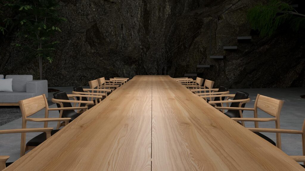 A CG image of a huge wooden table with many wooden chairs on both sides