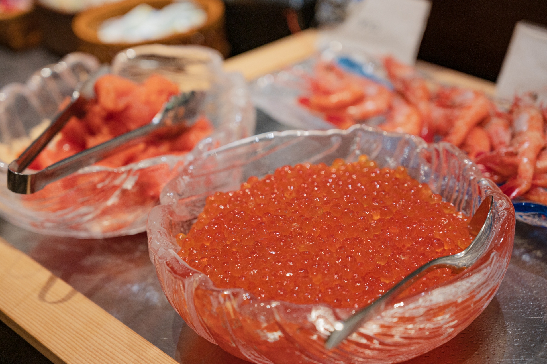 Salmon roe and other sea food plates, a common-style hotel breakfast buffet in Hokkaido