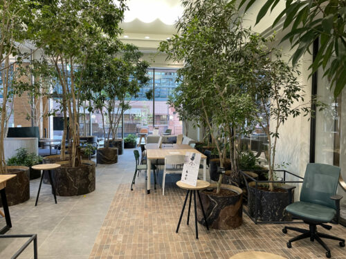 An entrance lobby of a modern office with a lot of green and prototype chairs and tables