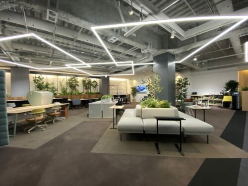 A modern office with tape light lamps on the ceiling
