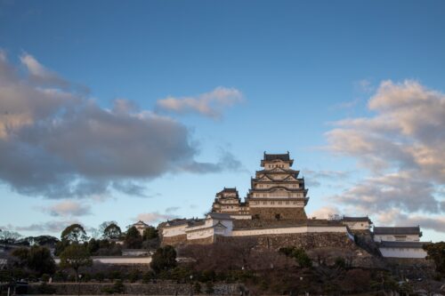 The whole view of Himeji castle in the evening. The castle is registered as the World Cultural Heritage site.