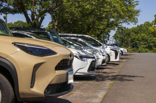 The aligned front part of cars parked backward