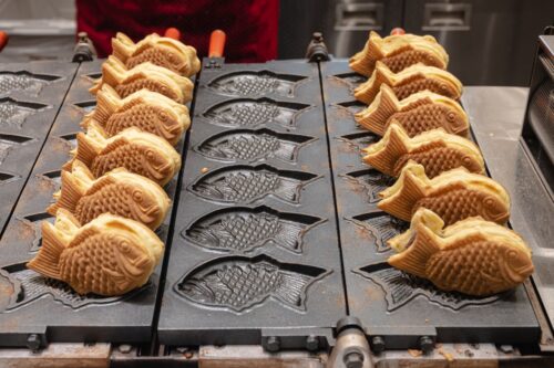 Japanese-style taiyaki, fish-shaped waffle with sweet bean paste inside